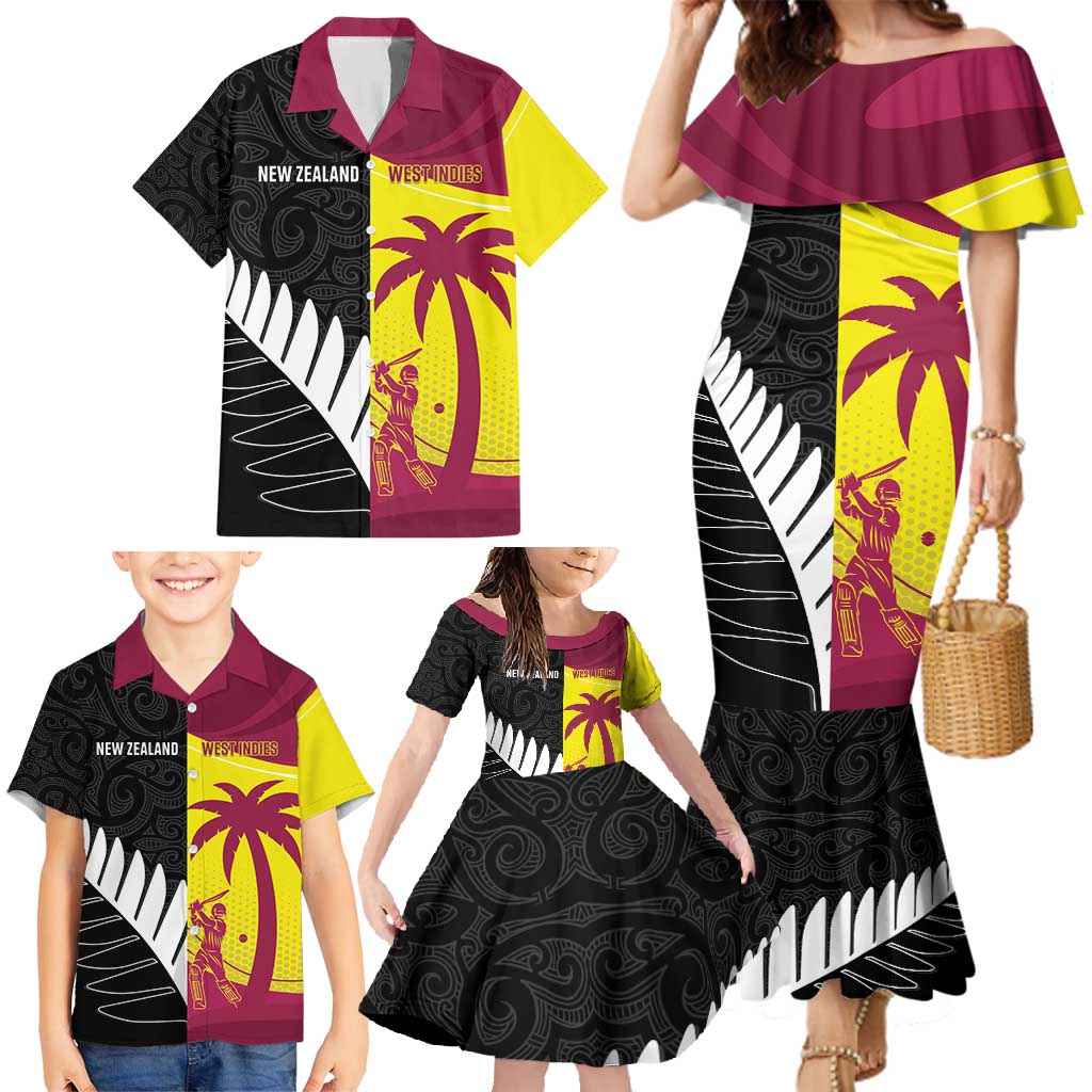 New Zealand and West Indies Cricket Custom Family Matching Mermaid Dress and Hawaiian Shirt Black Cap Windies Together - Polynesian Pride