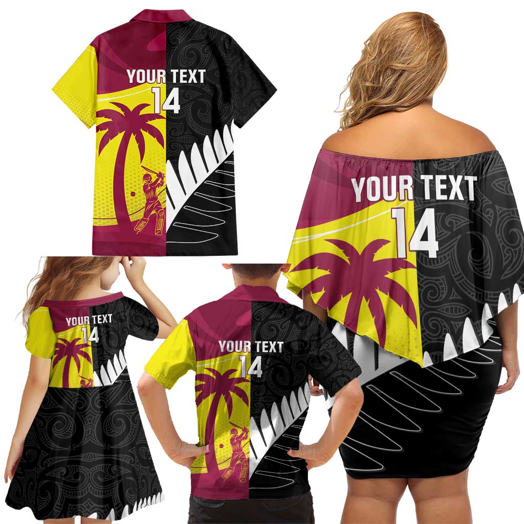 New Zealand and West Indies Cricket Custom Family Matching Off Shoulder Short Dress and Hawaiian Shirt Black Cap Windies Together - Polynesian Pride