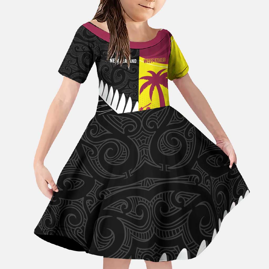 New Zealand and West Indies Cricket Custom Family Matching Short Sleeve Bodycon Dress and Hawaiian Shirt Black Cap Windies Together - Polynesian Pride