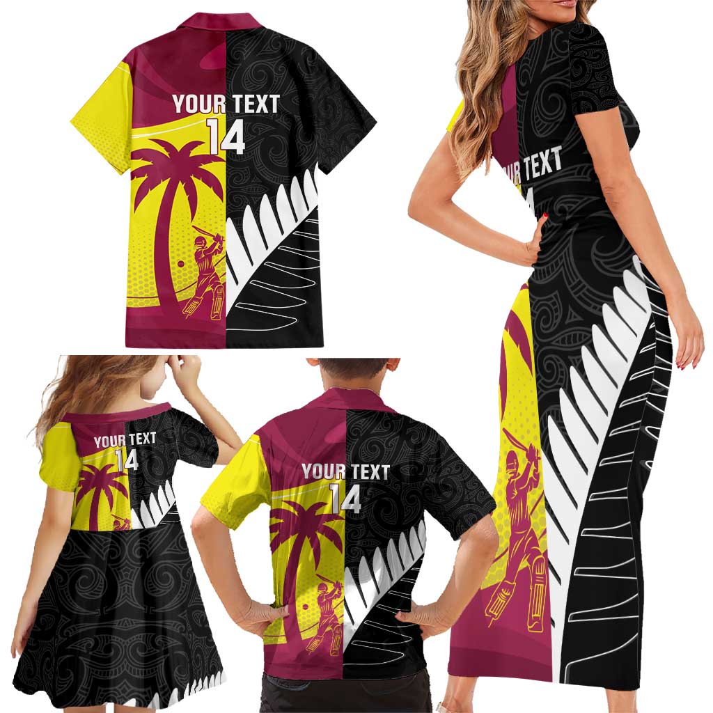 New Zealand and West Indies Cricket Custom Family Matching Short Sleeve Bodycon Dress and Hawaiian Shirt Black Cap Windies Together - Polynesian Pride