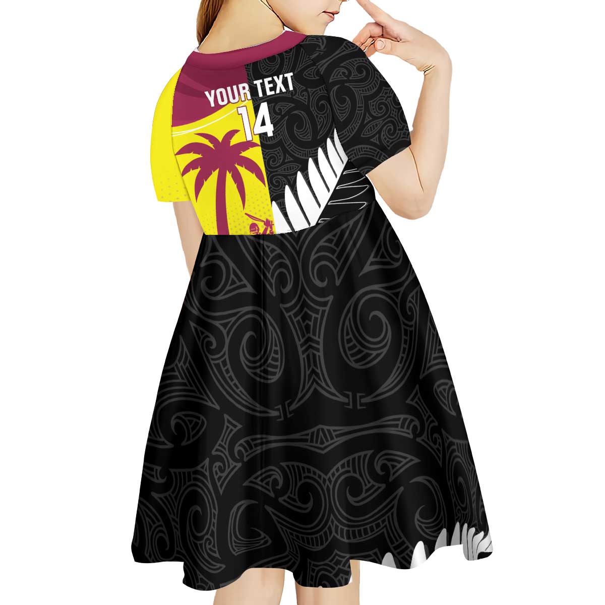 New Zealand and West Indies Cricket Custom Kid Short Sleeve Dress Black Cap Windies Together - Polynesian Pride