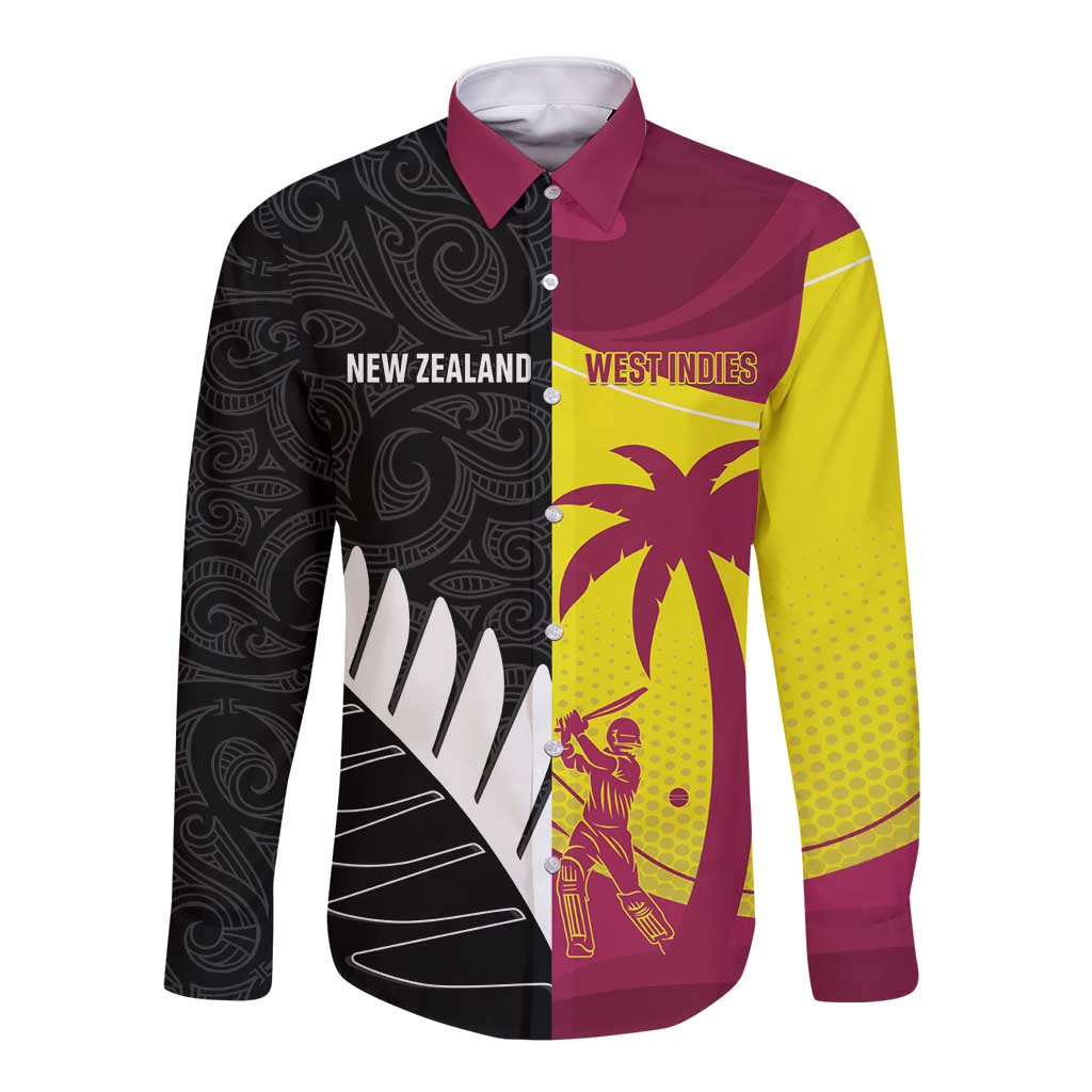 New Zealand and West Indies Cricket Custom Long Sleeve Button Shirt Black Cap Windies Together - Polynesian Pride