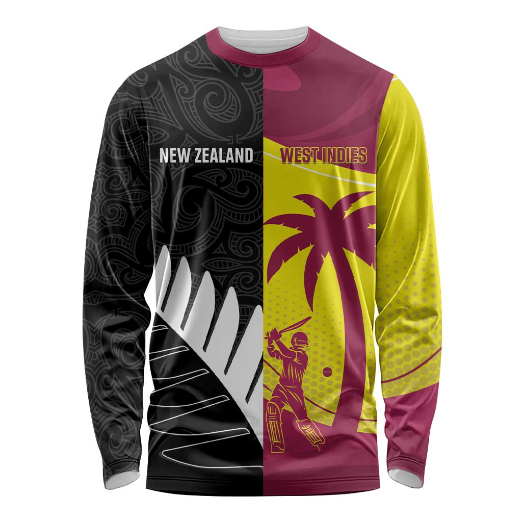 New Zealand and West Indies Cricket Custom Long Sleeve Shirt Black Cap Windies Together - Polynesian Pride