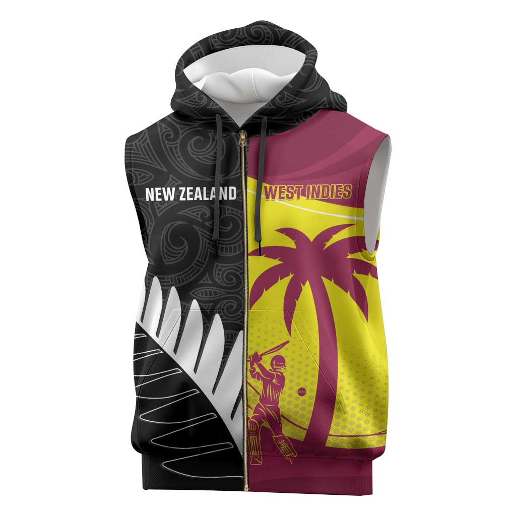 New Zealand and West Indies Cricket Custom Sleeveless Zip Hoodie Black Cap Windies Together - Polynesian Pride