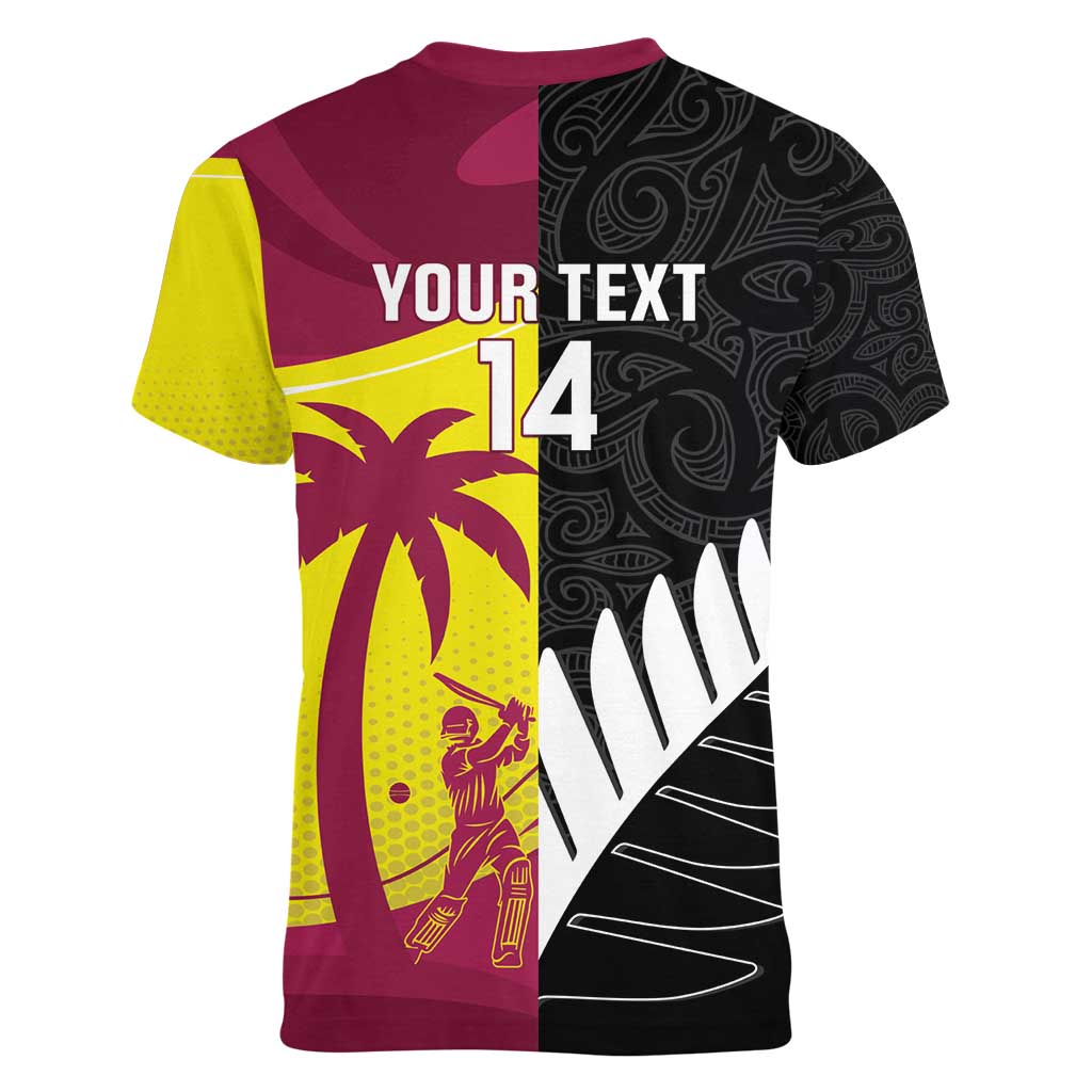 New Zealand and West Indies Cricket Custom Women V-Neck T-Shirt Black Cap Windies Together - Polynesian Pride