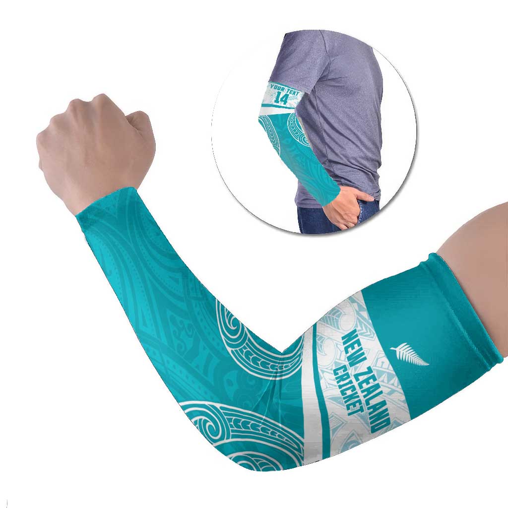 New Zealand Silver Fern Cricket Custom Arm Sleeves Black Cap Teal Maori Pattern - Polynesian Pride
