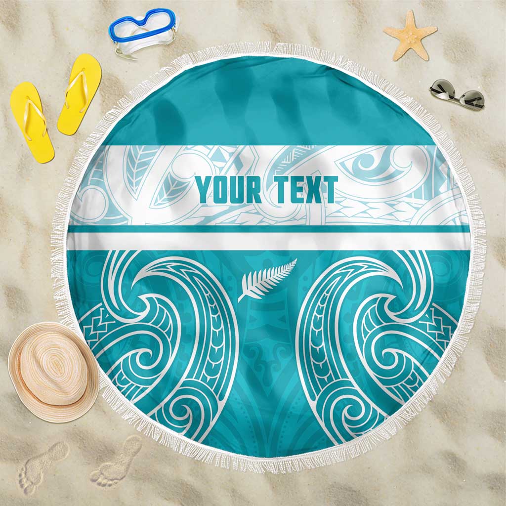 New Zealand Silver Fern Cricket Custom Beach Blanket Black Cap Teal Maori Pattern - Polynesian Pride