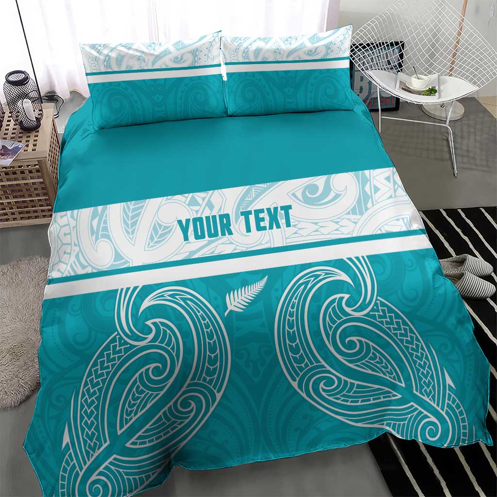 New Zealand Silver Fern Cricket Custom Bedding Set Black Cap Teal Maori Pattern - Polynesian Pride