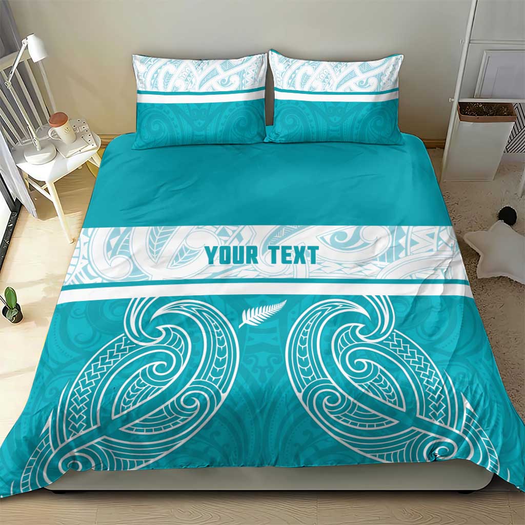 New Zealand Silver Fern Cricket Custom Bedding Set Black Cap Teal Maori Pattern - Polynesian Pride