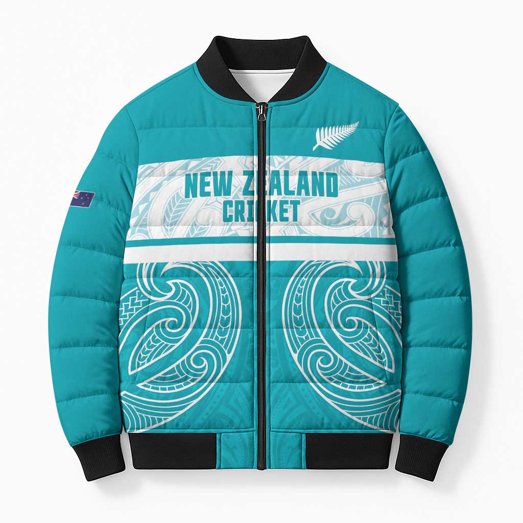 New Zealand Silver Fern Cricket Custom Bomber Puffer Jacket Black Cap Teal Maori Pattern - Polynesian Pride