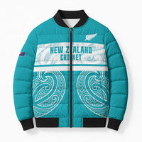 New Zealand Silver Fern Cricket Custom Bomber Puffer Jacket Black Cap Teal Maori Pattern - Polynesian Pride