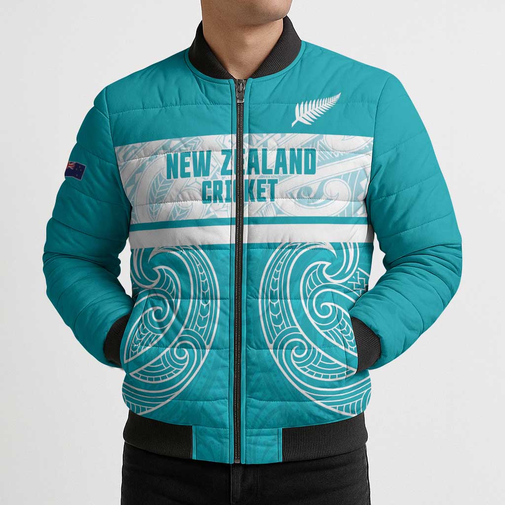 New Zealand Silver Fern Cricket Custom Bomber Puffer Jacket Black Cap Teal Maori Pattern - Polynesian Pride