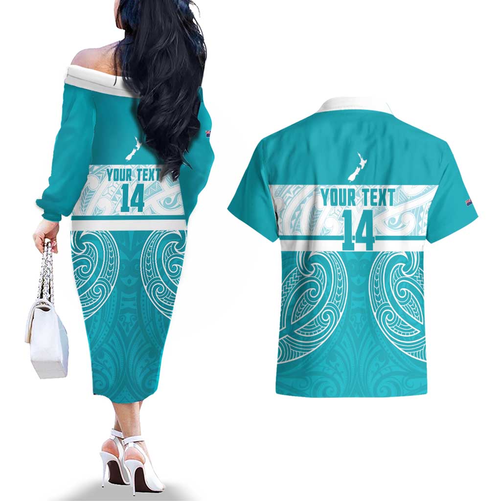 New Zealand Silver Fern Cricket Custom Couples Matching Off The Shoulder Long Sleeve Dress and Hawaiian Shirt Black Cap Teal Maori Pattern - Polynesian Pride