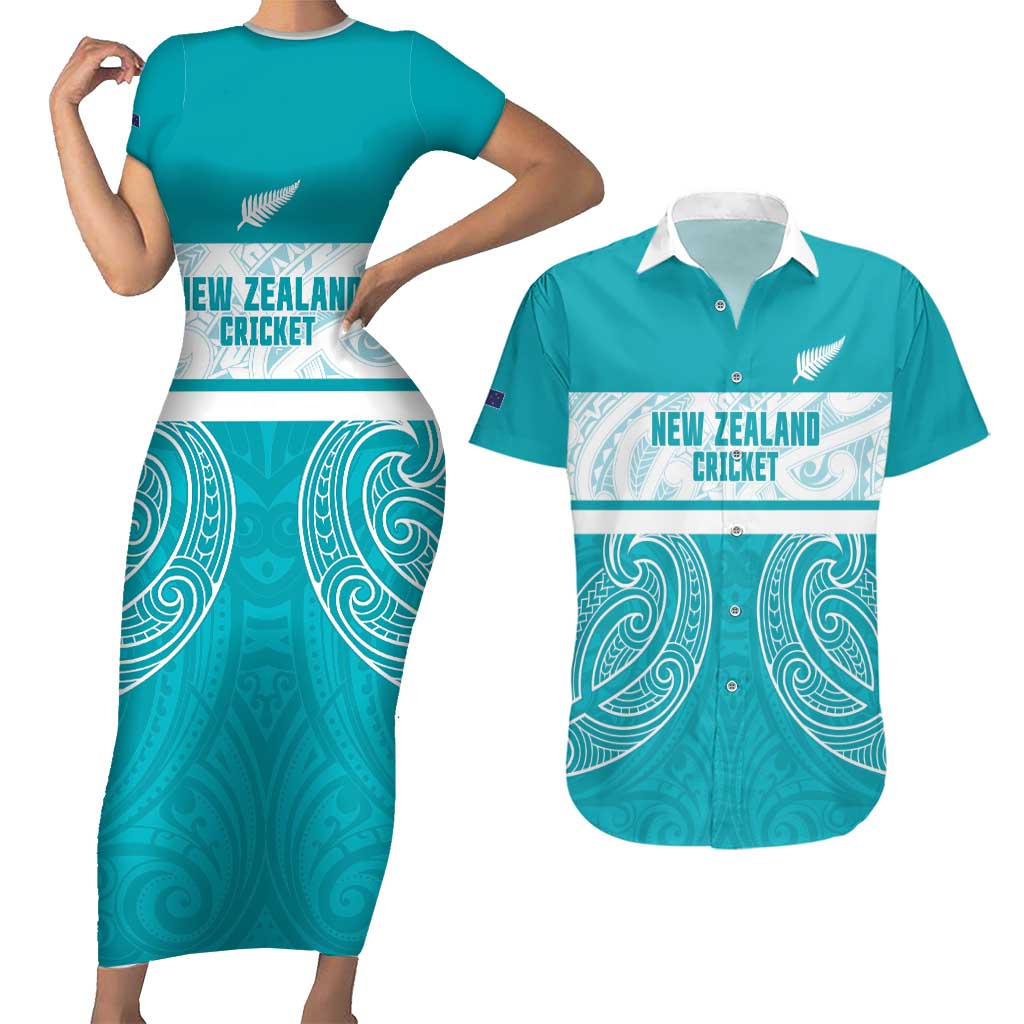 New Zealand Silver Fern Cricket Custom Couples Matching Short Sleeve Bodycon Dress and Hawaiian Shirt Black Cap Teal Maori Pattern - Polynesian Pride