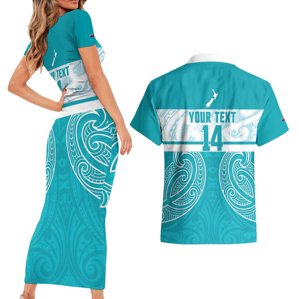 New Zealand Silver Fern Cricket Custom Couples Matching Short Sleeve Bodycon Dress and Hawaiian Shirt Black Cap Teal Maori Pattern - Polynesian Pride