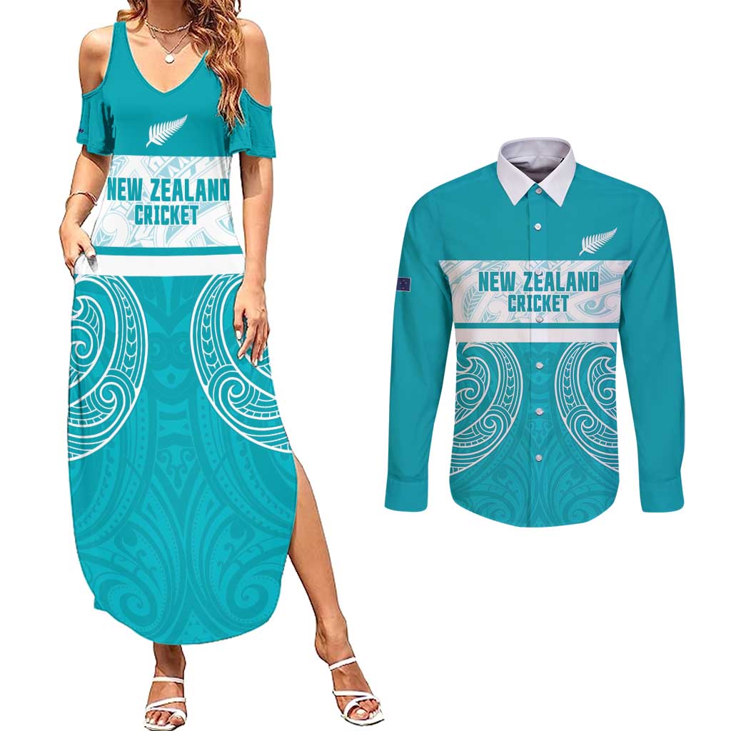 New Zealand Silver Fern Cricket Custom Couples Matching Summer Maxi Dress and Long Sleeve Button Shirt Black Cap Teal Maori Pattern - Polynesian Pride