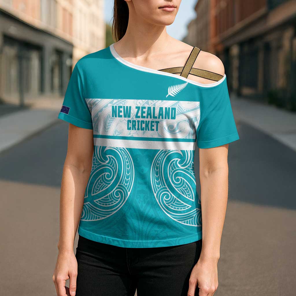 New Zealand Silver Fern Cricket Custom Cross Shoulder Shirt Black Cap Teal Maori Pattern - Polynesian Pride