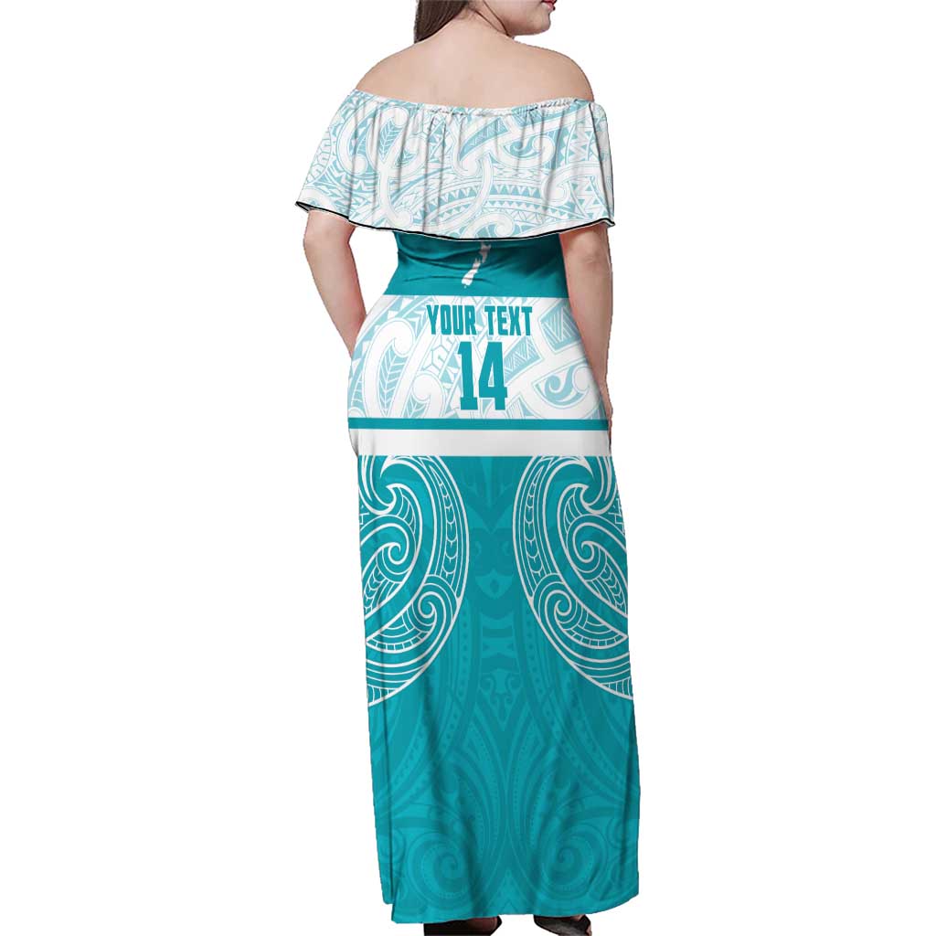 New Zealand Silver Fern Cricket Custom Family Matching Off Shoulder Maxi Dress and Hawaiian Shirt Black Cap Teal Maori Pattern - Polynesian Pride