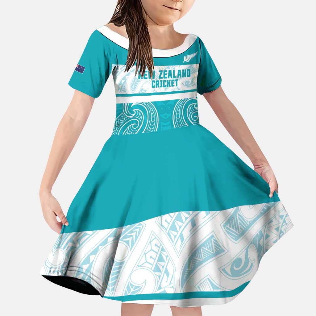 New Zealand Silver Fern Cricket Custom Family Matching Short Sleeve Bodycon Dress and Hawaiian Shirt Black Cap Teal Maori Pattern LT14 Daughter's Dress Teal - Polynesian Pride