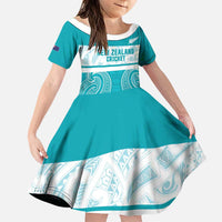 New Zealand Silver Fern Cricket Custom Family Matching Short Sleeve Bodycon Dress and Hawaiian Shirt Black Cap Teal Maori Pattern LT14 Daughter's Dress Teal - Polynesian Pride