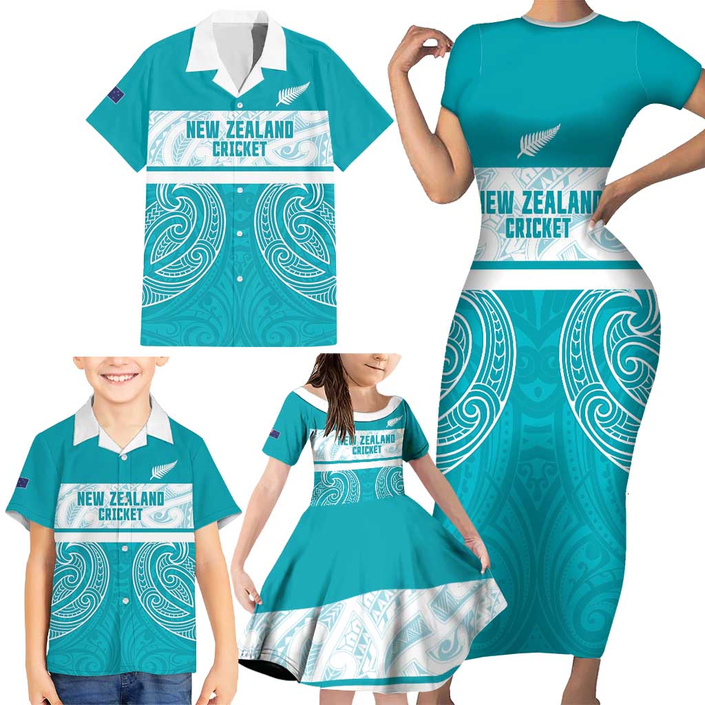 New Zealand Silver Fern Cricket Custom Family Matching Short Sleeve Bodycon Dress and Hawaiian Shirt Black Cap Teal Maori Pattern LT14 - Polynesian Pride