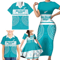 New Zealand Silver Fern Cricket Custom Family Matching Short Sleeve Bodycon Dress and Hawaiian Shirt Black Cap Teal Maori Pattern LT14 - Polynesian Pride
