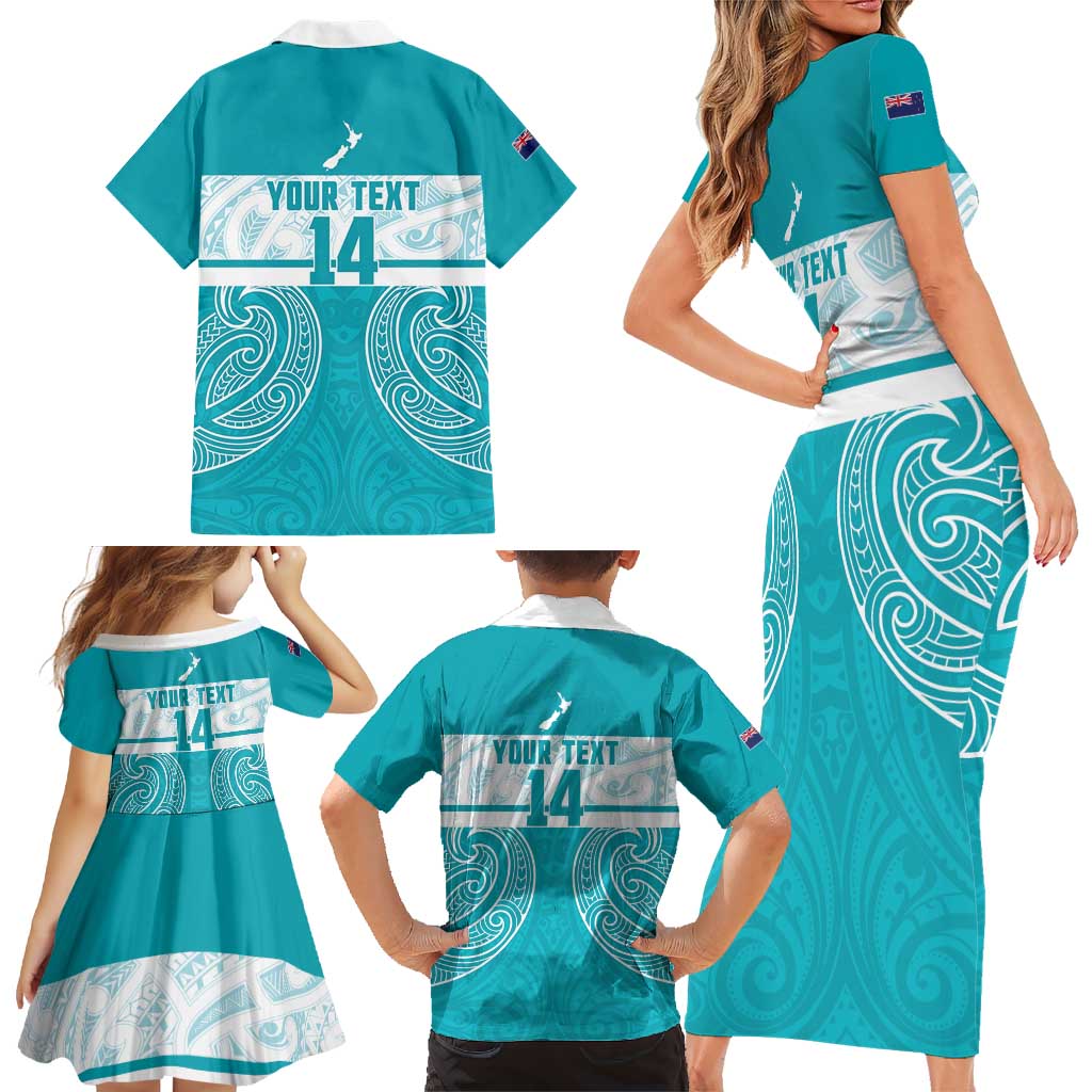 New Zealand Silver Fern Cricket Custom Family Matching Short Sleeve Bodycon Dress and Hawaiian Shirt Black Cap Teal Maori Pattern LT14 - Polynesian Pride