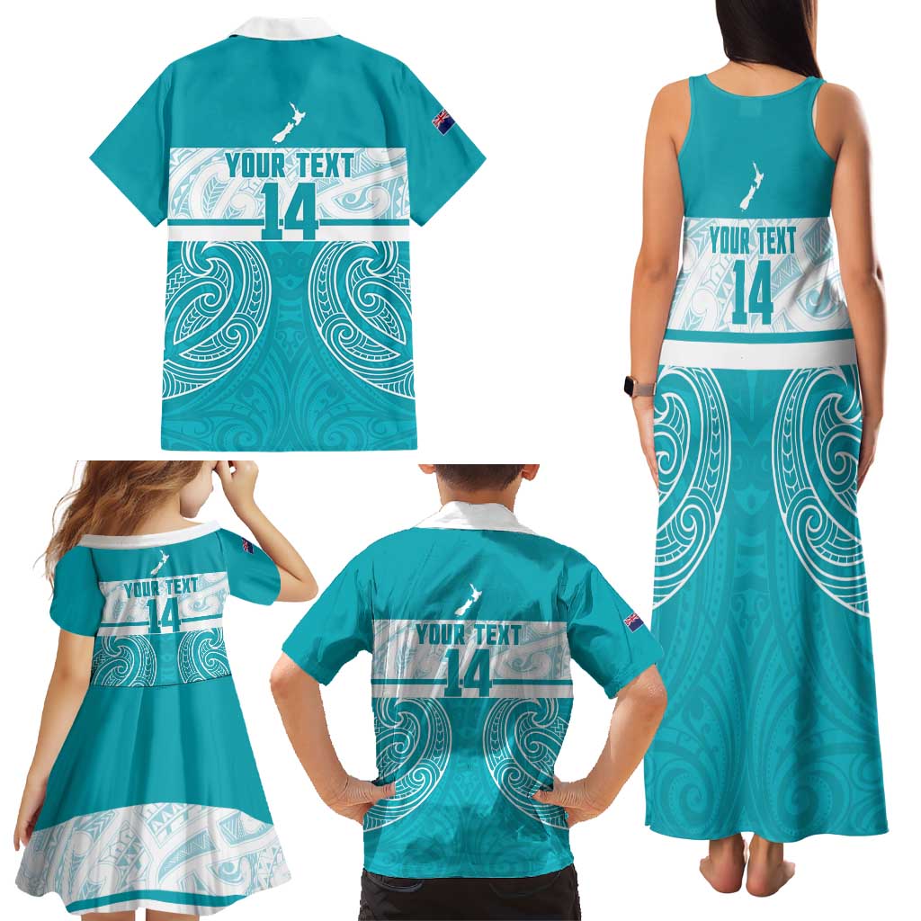 New Zealand Silver Fern Cricket Custom Family Matching Tank Maxi Dress and Hawaiian Shirt Black Cap Teal Maori Pattern LT14 - Polynesian Pride