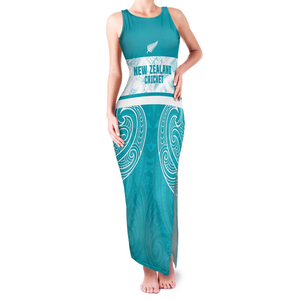 New Zealand Silver Fern Cricket Custom Family Matching Tank Maxi Dress and Hawaiian Shirt Black Cap Teal Maori Pattern LT14 Mom's Dress Teal - Polynesian Pride