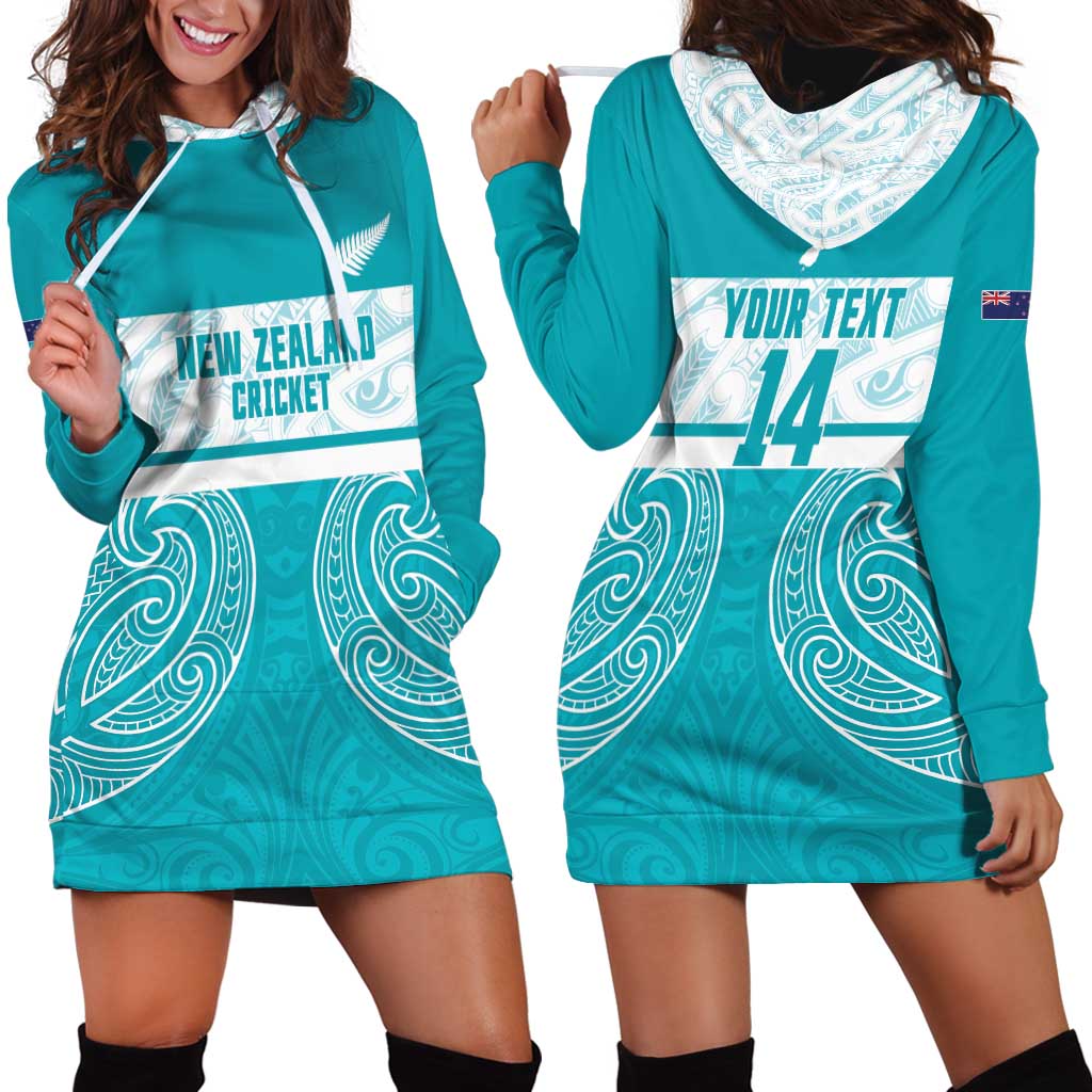 New Zealand Silver Fern Cricket Custom Hoodie Dress Black Cap Teal Maori Pattern - Polynesian Pride