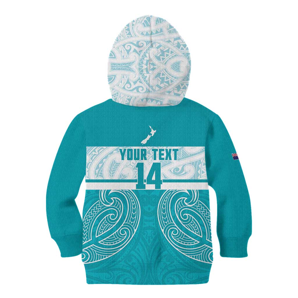 New Zealand Silver Fern Cricket Custom Kid Hoodie Black Cap Teal Maori Pattern - Polynesian Pride