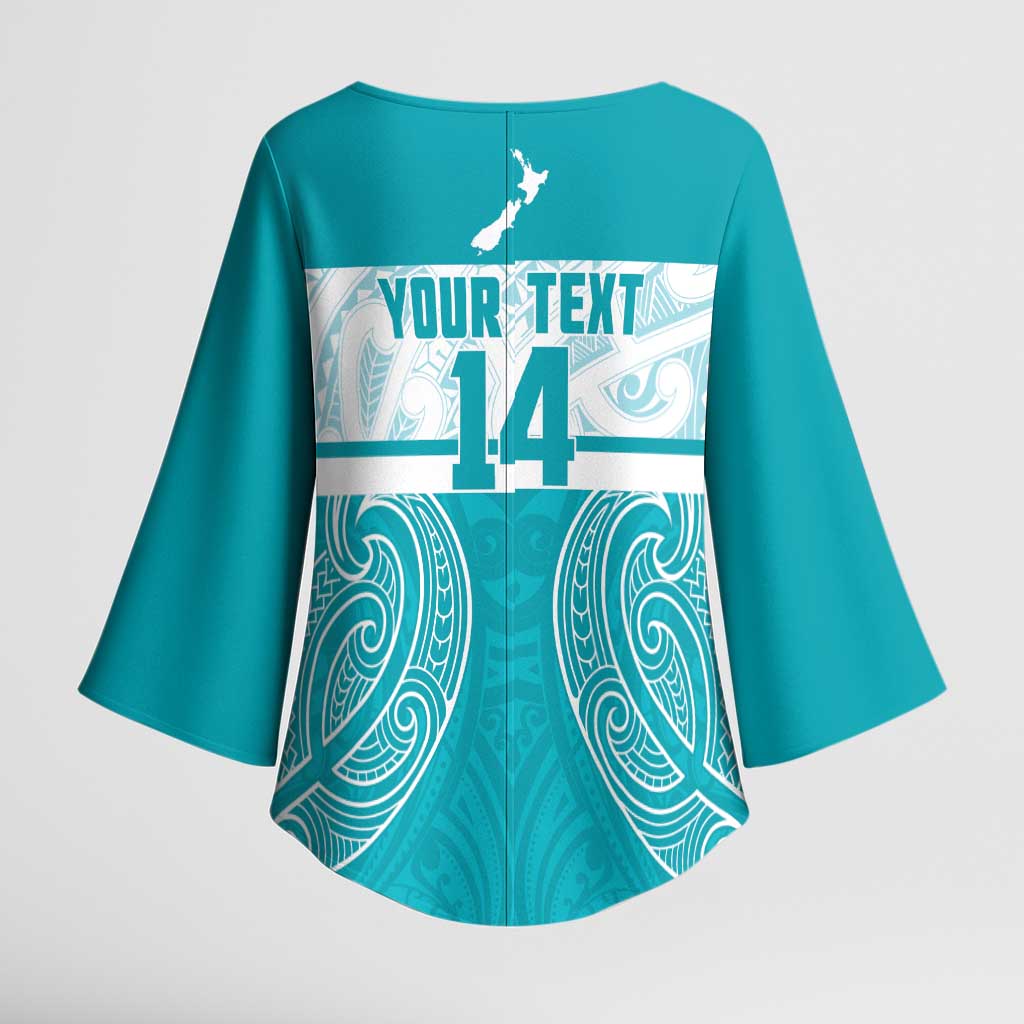 New Zealand Silver Fern Cricket Custom Kimono Sleeve Blouse Black Cap Teal Maori Pattern - Polynesian Pride