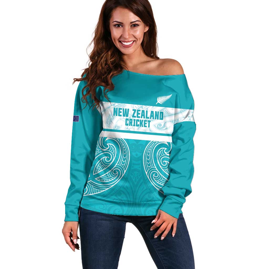 New Zealand Silver Fern Cricket Custom Off Shoulder Sweater Black Cap Teal Maori Pattern - Polynesian Pride