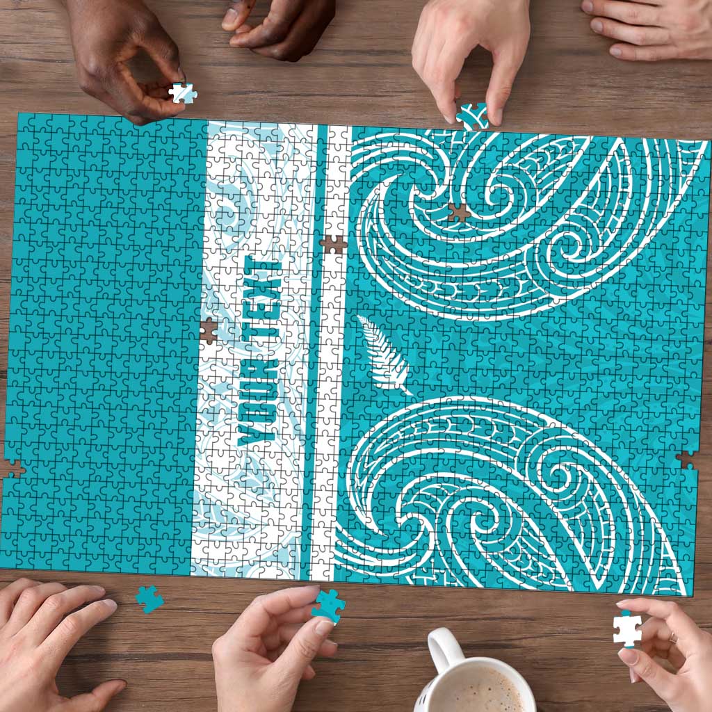 New Zealand Silver Fern Cricket Custom Puzzle Black Cap Teal Maori Pattern - Polynesian Pride