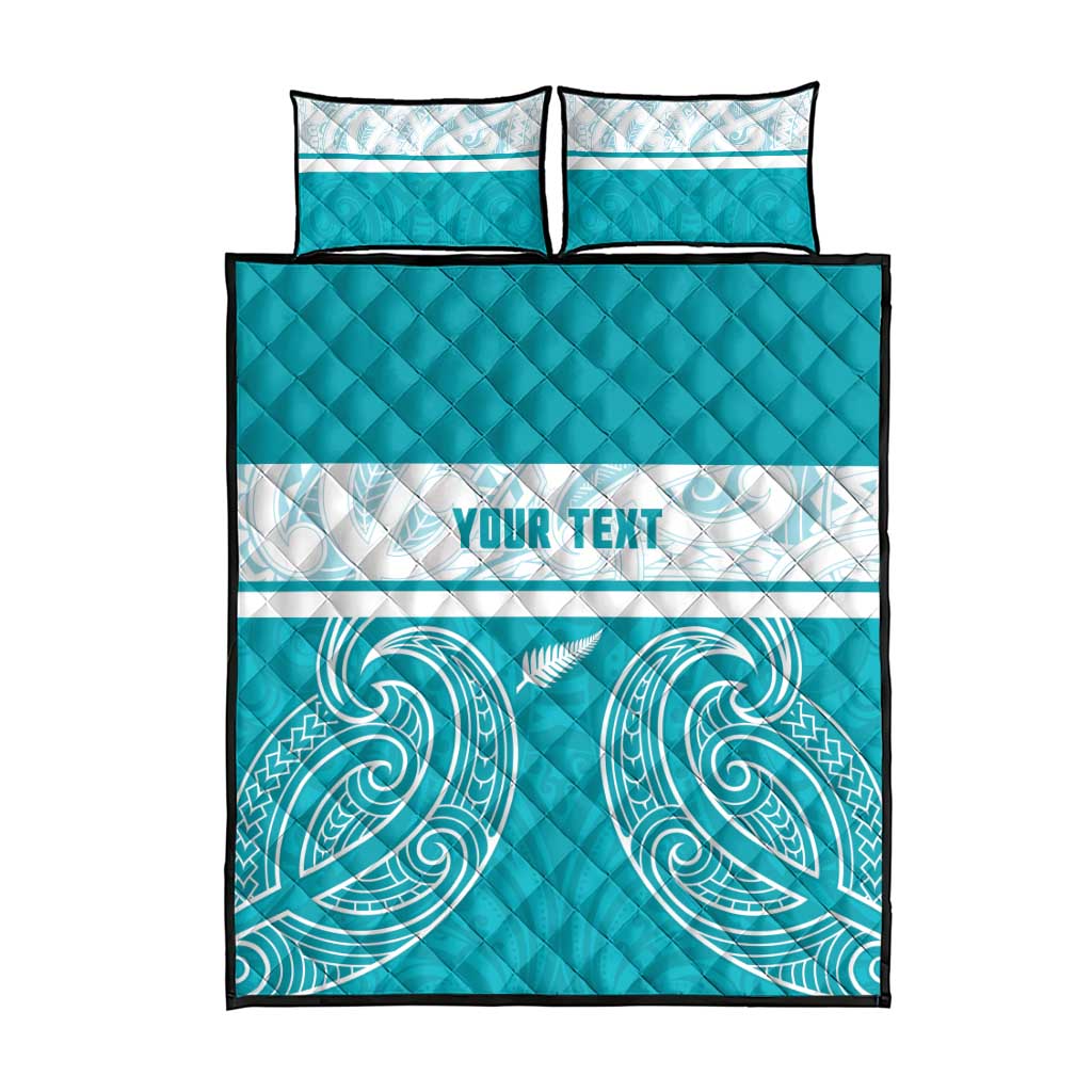 New Zealand Silver Fern Cricket Custom Quilt Bed Set Black Cap Teal Maori Pattern - Polynesian Pride
