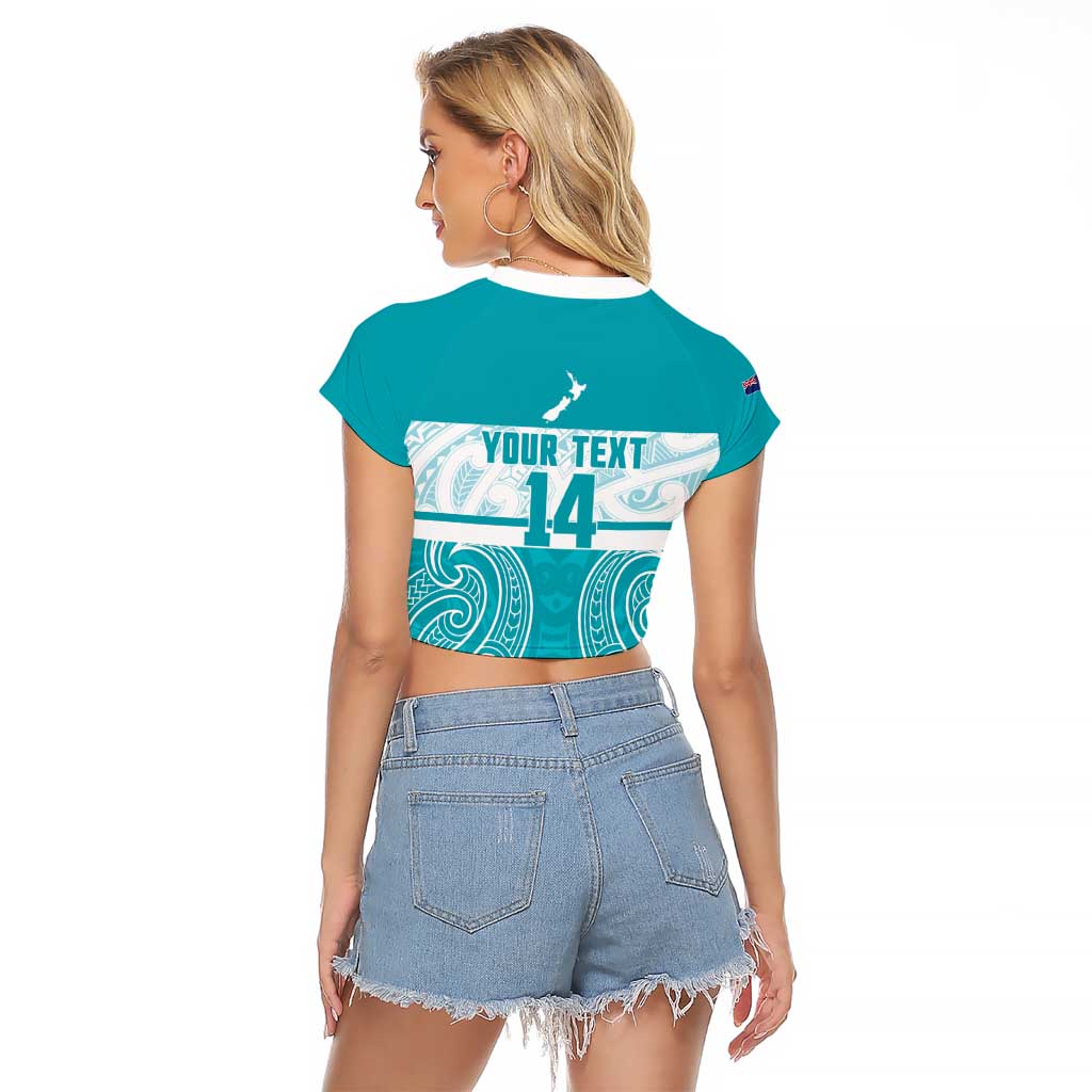 New Zealand Silver Fern Cricket Custom Raglan Cropped T Shirt Black Cap Teal Maori Pattern - Polynesian Pride