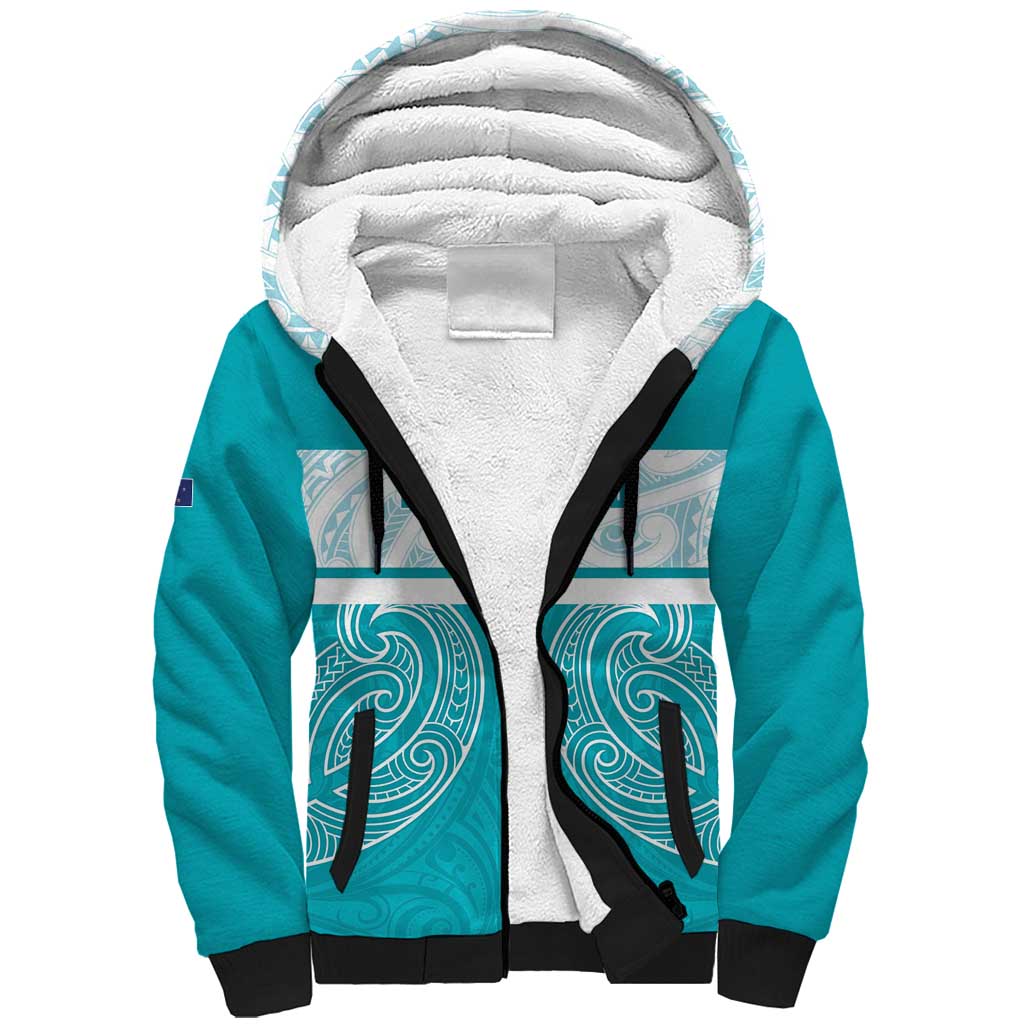 New Zealand Silver Fern Cricket Custom Sherpa Hoodie Black Cap Teal Maori Pattern - Polynesian Pride