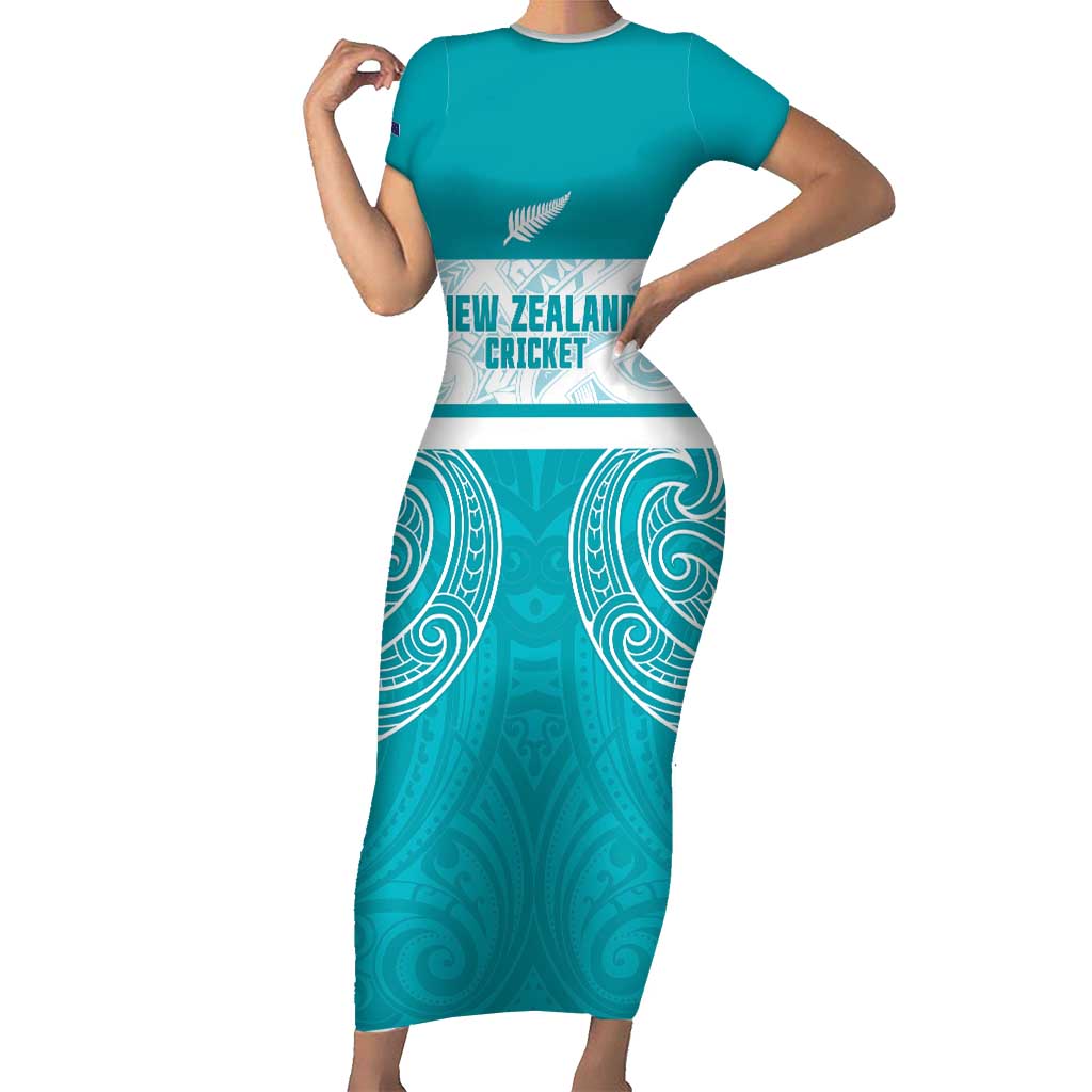 New Zealand Silver Fern Cricket Custom Short Sleeve Bodycon Dress Black Cap Teal Maori Pattern - Polynesian Pride