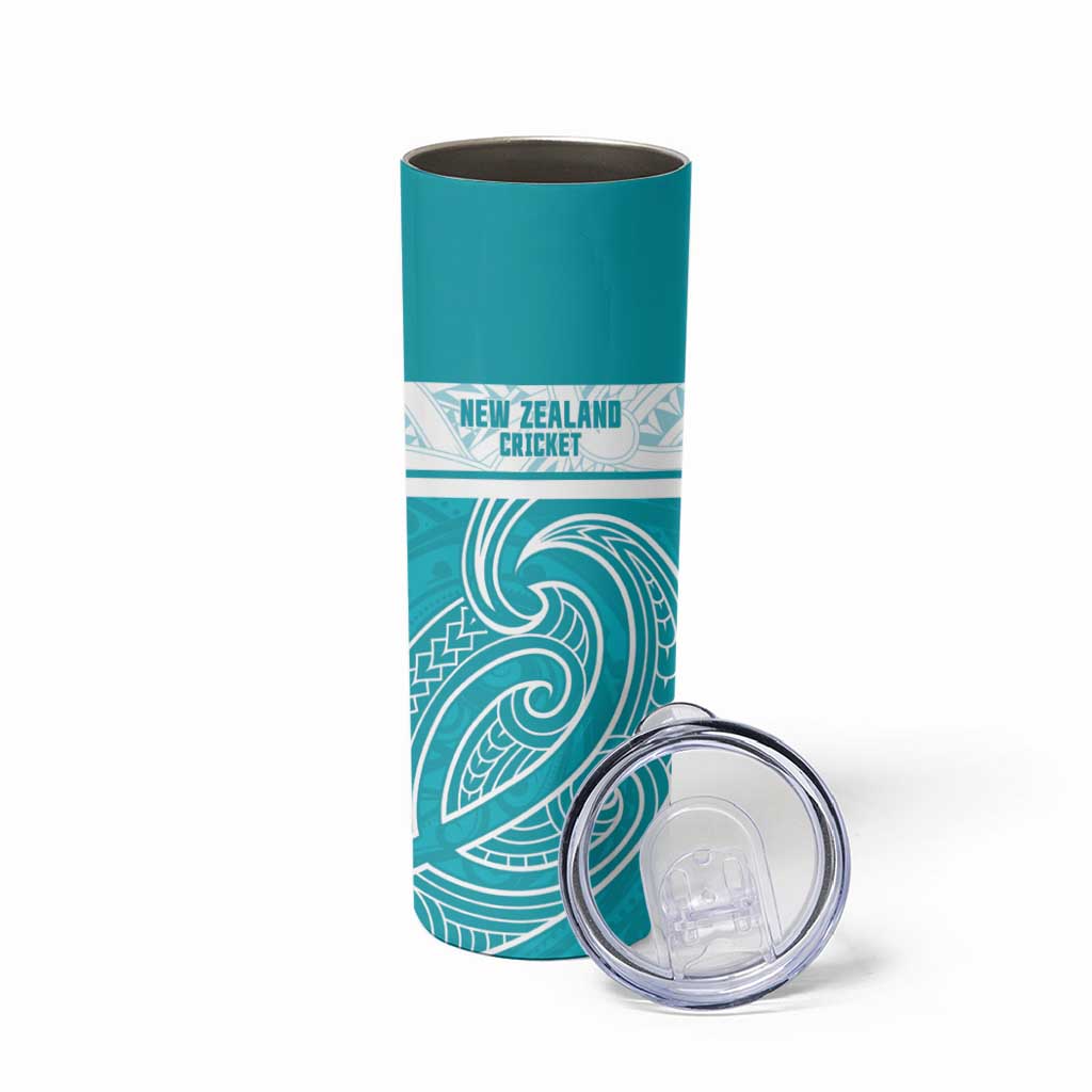 New Zealand Silver Fern Cricket Custom Skinny Tumbler Black Cap Teal Maori Pattern - Polynesian Pride