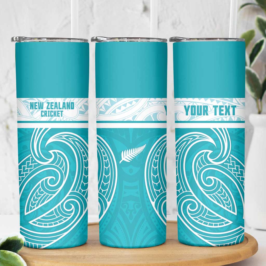 New Zealand Silver Fern Cricket Custom Skinny Tumbler Black Cap Teal Maori Pattern - Polynesian Pride