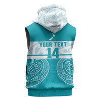 New Zealand Silver Fern Cricket Custom Sleeveless Zip Hoodie Black Cap Teal Maori Pattern - Polynesian Pride