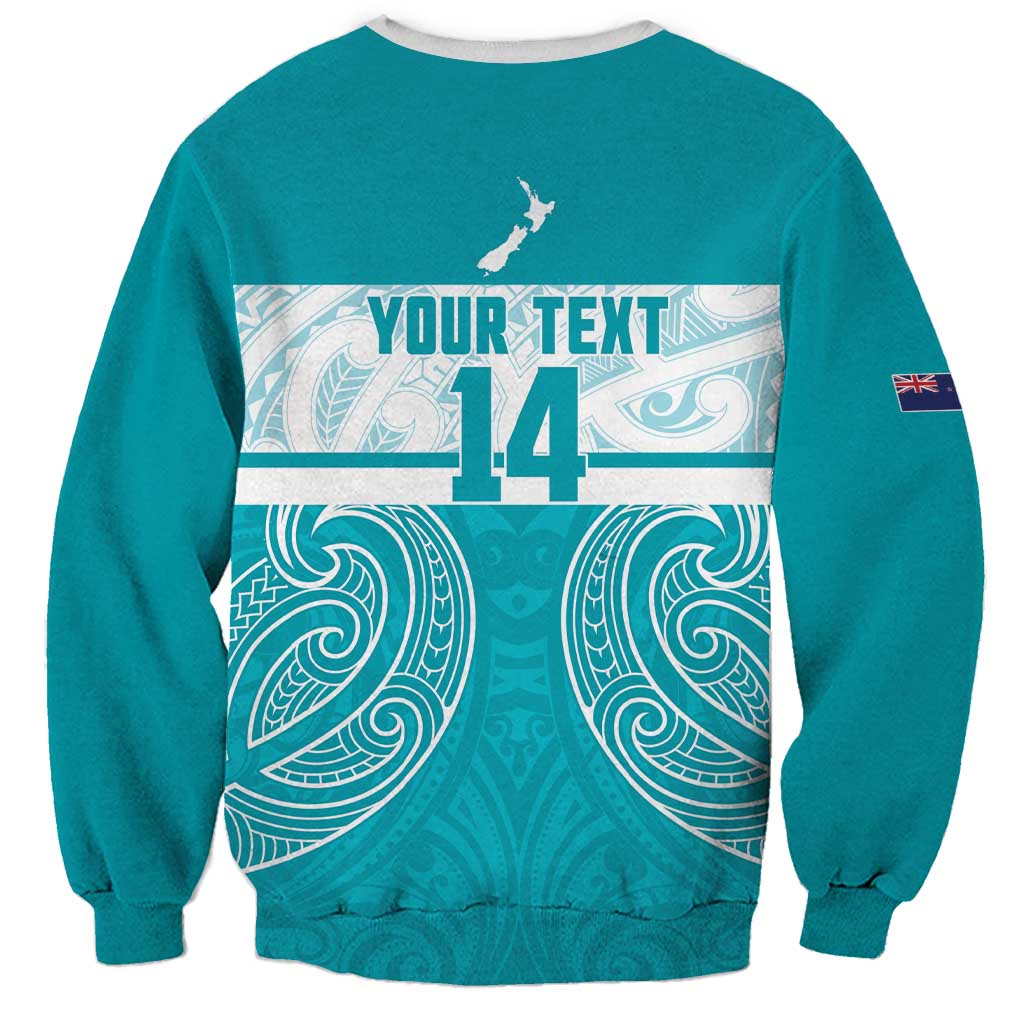 New Zealand Silver Fern Cricket Custom Sweatshirt Black Cap Teal Maori Pattern - Polynesian Pride