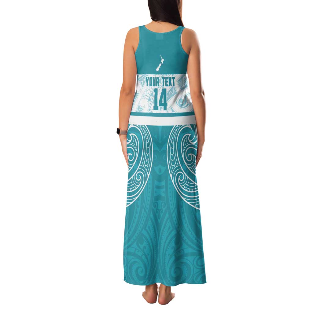 New Zealand Silver Fern Cricket Custom Tank Maxi Dress Black Cap Teal Maori Pattern - Polynesian Pride