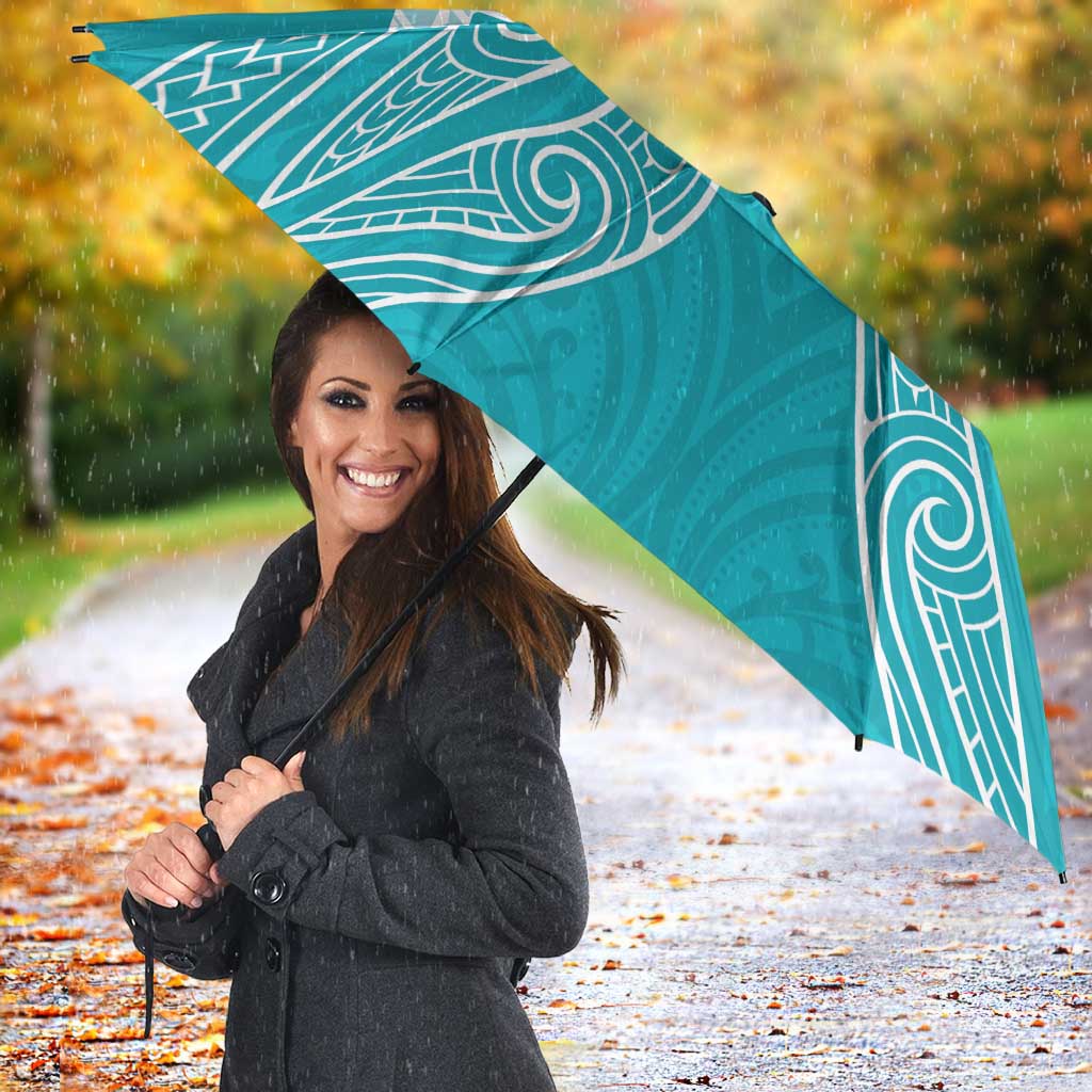 New Zealand Silver Fern Cricket Custom Umbrella Black Cap Teal Maori Pattern - Polynesian Pride