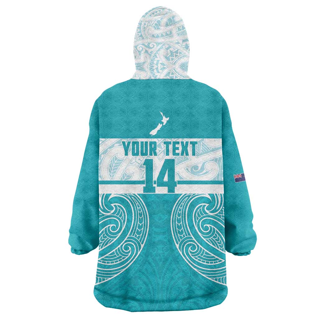 New Zealand Silver Fern Cricket Custom Wearable Blanket Hoodie Black Cap Teal Maori Pattern - Polynesian Pride