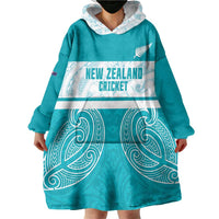 New Zealand Silver Fern Cricket Custom Wearable Blanket Hoodie Black Cap Teal Maori Pattern - Polynesian Pride