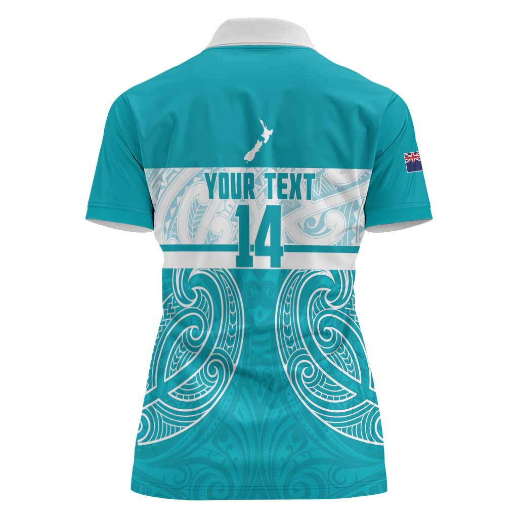 New Zealand Silver Fern Cricket Custom Women Polo Shirt Black Cap Teal Maori Pattern - Polynesian Pride