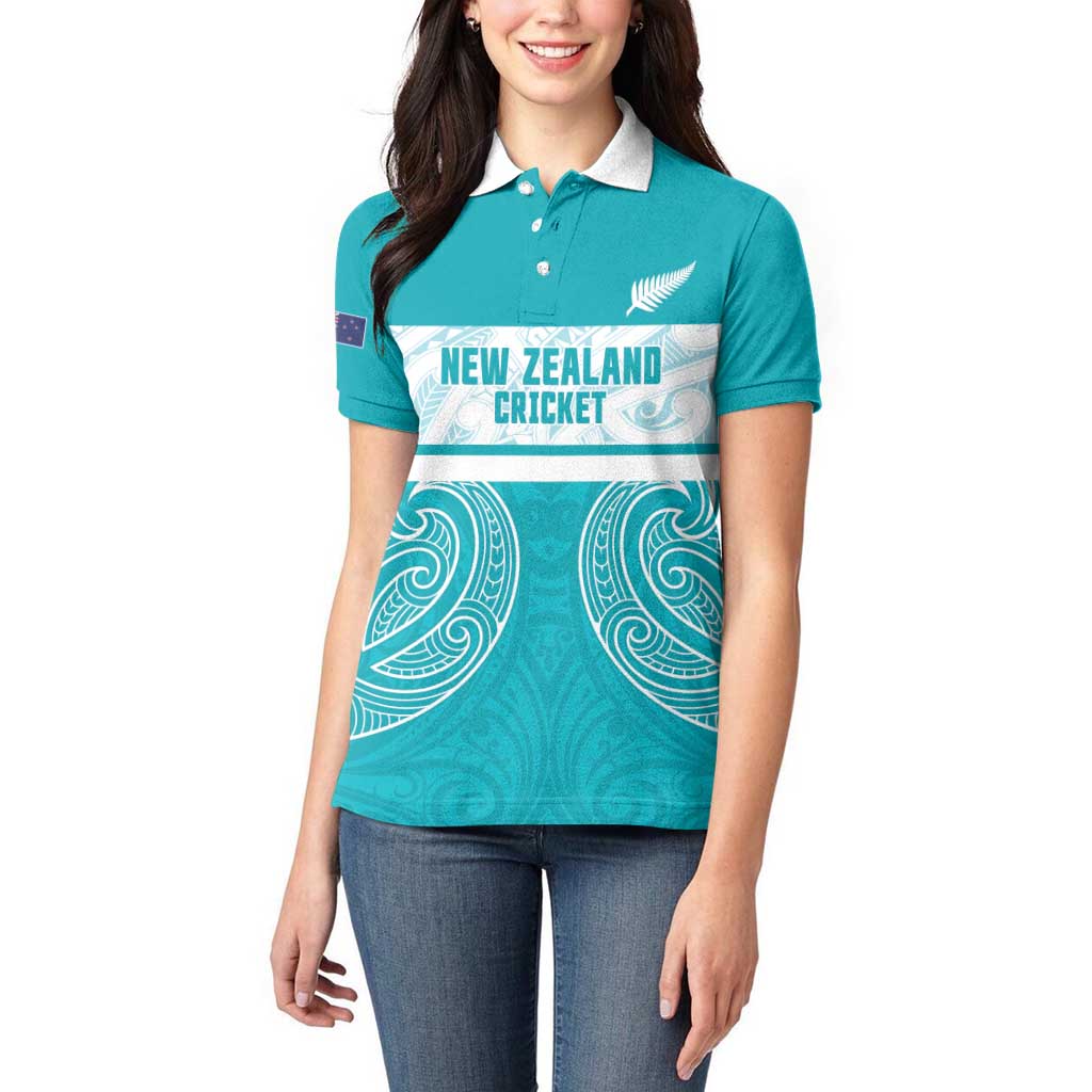 New Zealand Silver Fern Cricket Custom Women Polo Shirt Black Cap Teal Maori Pattern - Polynesian Pride