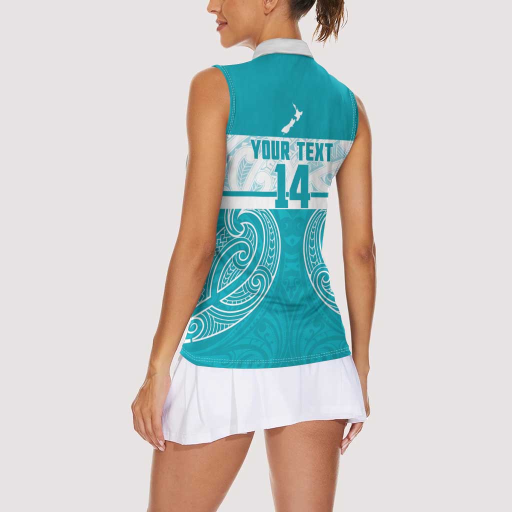 New Zealand Silver Fern Cricket Custom Women Sleeveless Polo Shirt Black Cap Teal Maori Pattern - Polynesian Pride