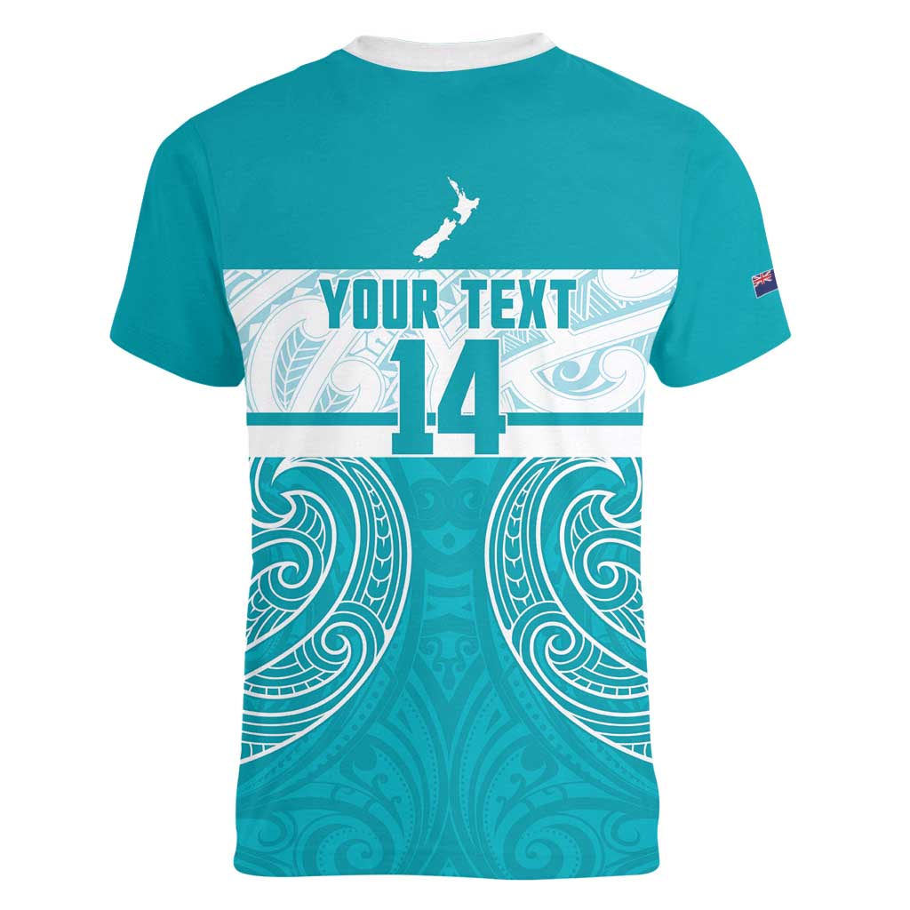 New Zealand Silver Fern Cricket Custom Women V-Neck T-Shirt Black Cap Teal Maori Pattern - Polynesian Pride